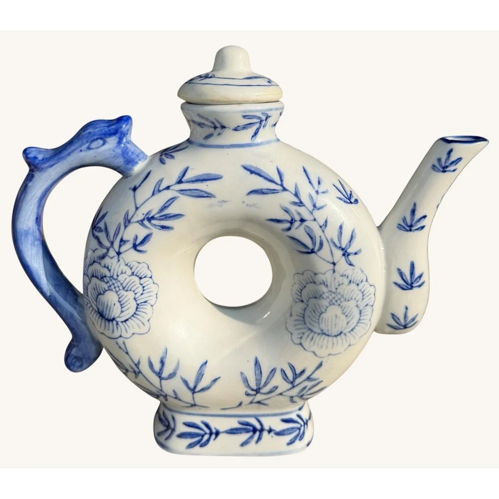Vintage Blue White Chinese Donut Teapot Dragon Handle Chinoiserie Ring Pot 7